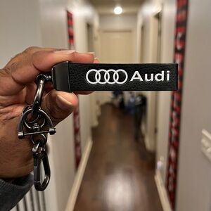 AUDI Black & White Leather Gun Metal Gray Keychain